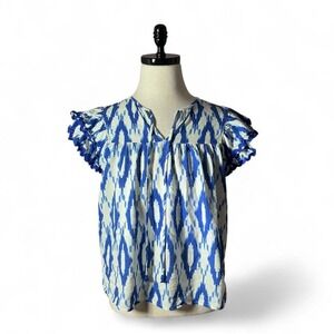 Flying Tomato Blue White Ikat Print Ruffle Sleeve V Neck Tassel Top Women's L‎